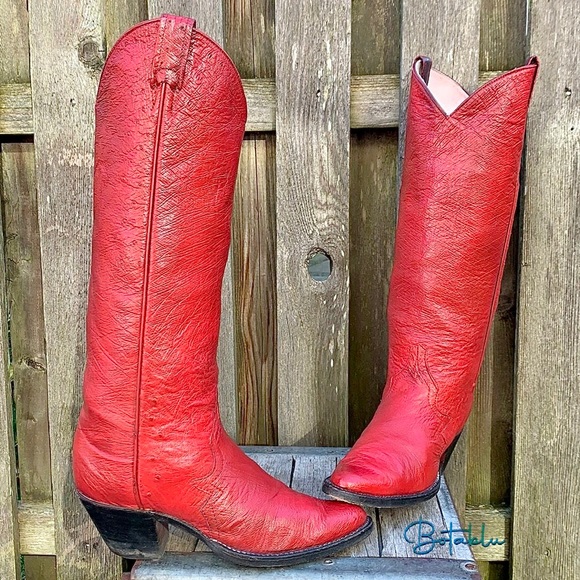LARRY MAHAN VTG Ostrich Exotic Tall Knee High Red Painted Cowboy Western Boots - Picture 12 of 13